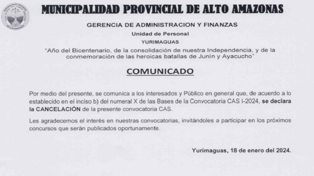 Cancelaci&oacute;n de la Presente Convocatoria CAS