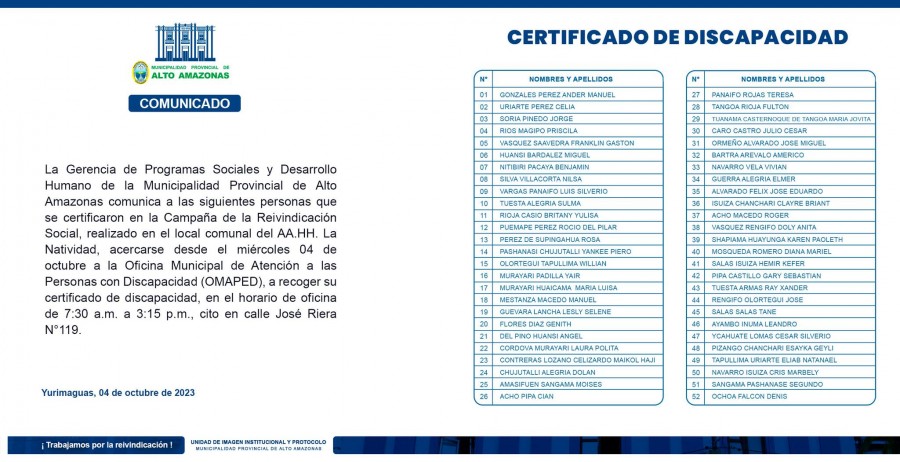 Certificaci&oacute;n en Campa&ntilde;a de Reivindicaci&oacute;n en AA.HH. La Natividad