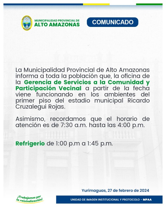 Comunicado de Gerencia de Servicios a la Comunidad y Participaci&oacute;n Vecinal