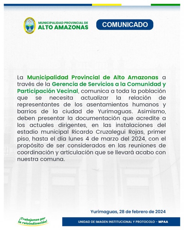 Comunicado de Gerencia de Servicios a la Comunidad y Participaci&oacute;n Vecinal