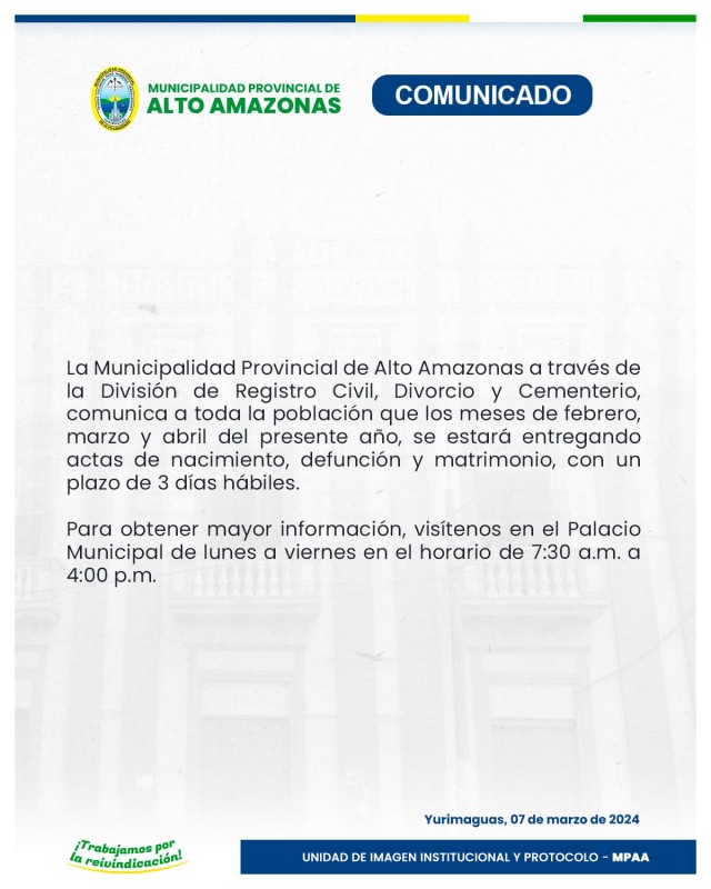 Comunicado de la Divis&oacute;n de Registro Civil, Divorcio y Cementerio