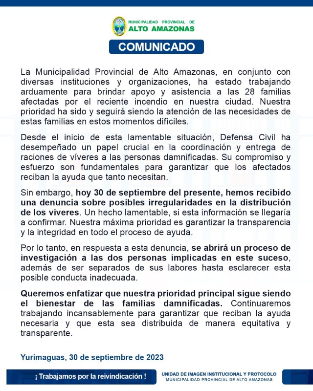 Comunicado sobre la Distribuci&oacute;n de Ayuda a Familias Afectadas por Incendio