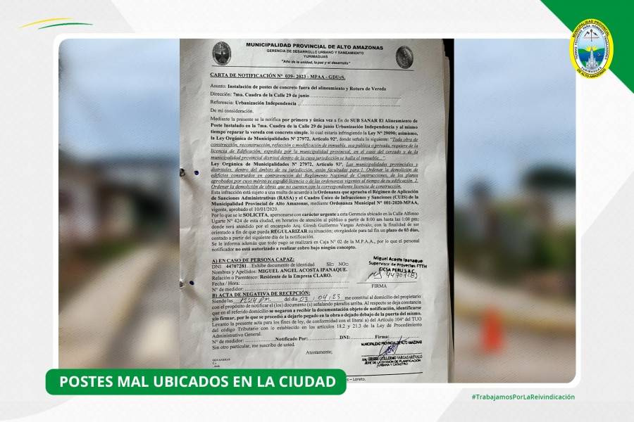 MPAA DA PLAZO DE 72 HORAS A SERVIS PARA RETIRAR POSTES MAL UBICADOS